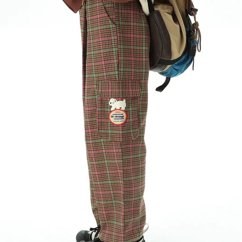 plaid multi-colored puppy checkered pockets with loose wide-legged